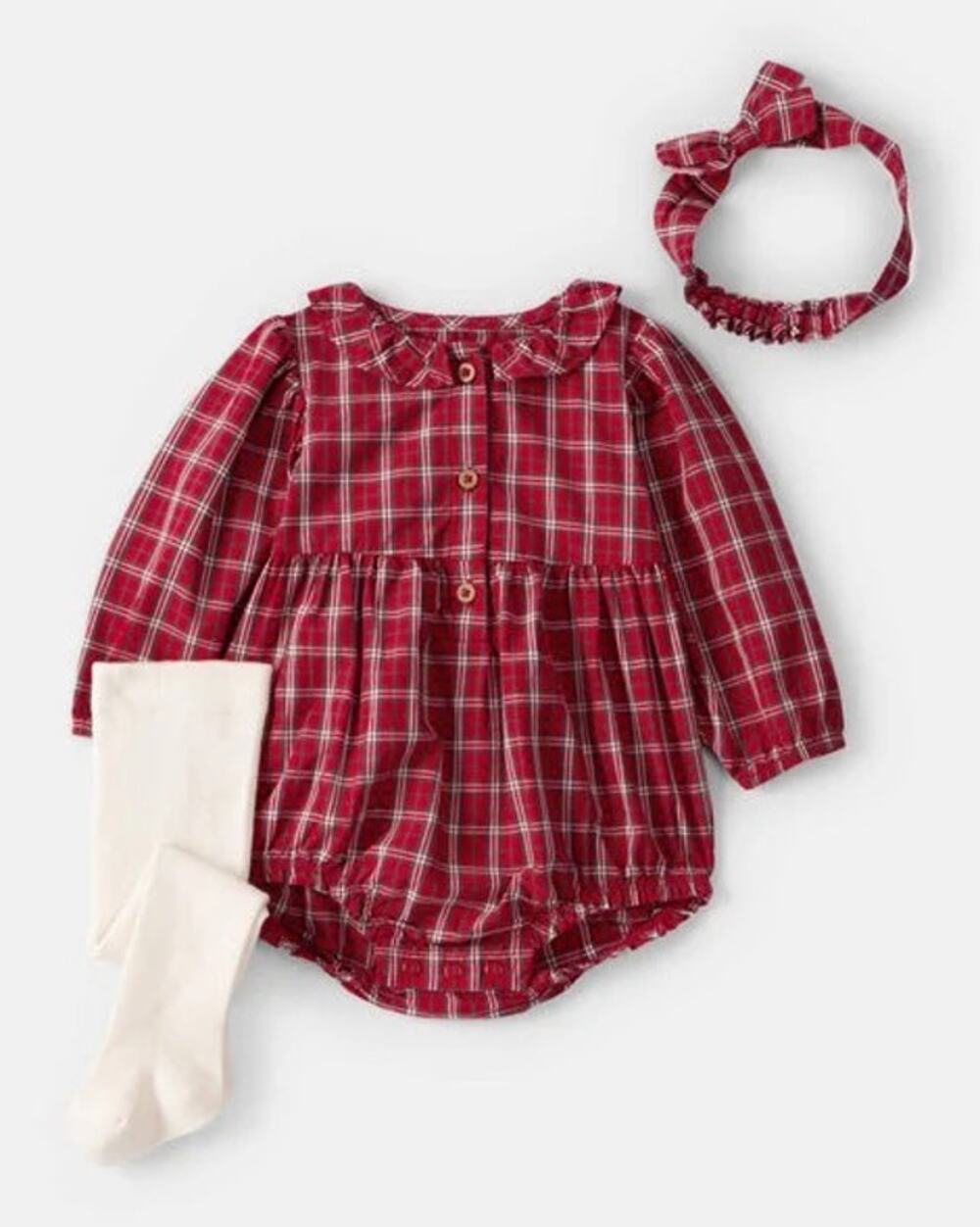 NEW! Carter's Girl 3PC Plaid Long-Sleeve Bodysuit Headwrap Tights Set Red NB